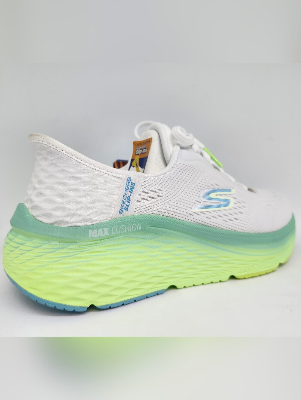 Skechers White Athletic Sneaker with Lime-Green Gradient Sole